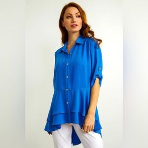 NWT Joseph Ribkoff Aegean Sea Button Front Tiered Ruffle Hi-Low Hem